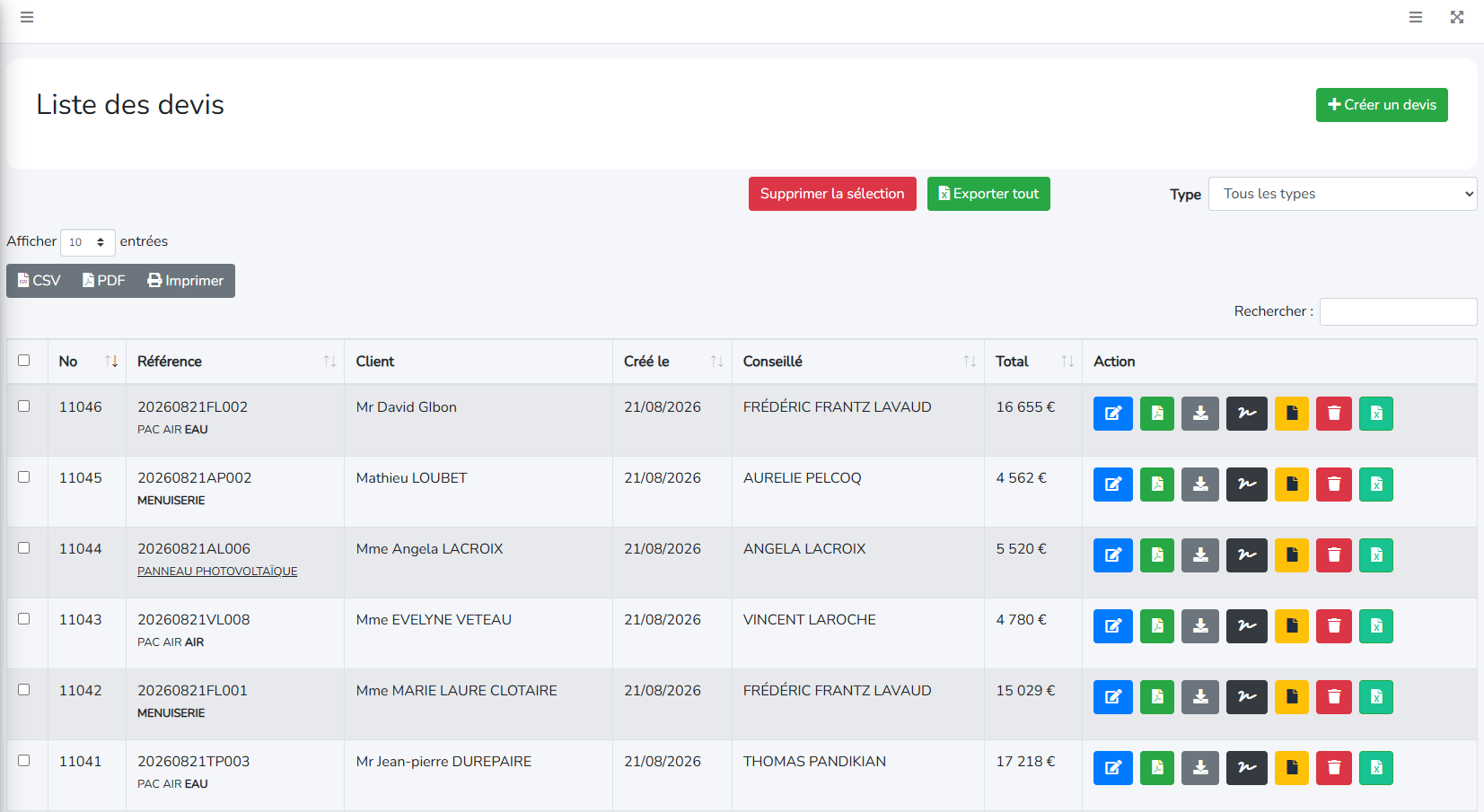 Interface du logiciel Elinyom affichant la liste des devis
