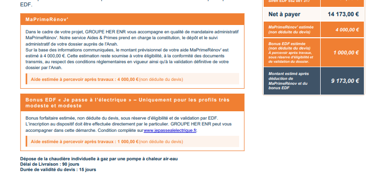 Extrait d'un devis Elinyom affichant le calcul MaPrimeRénov' et le Bonus EDF